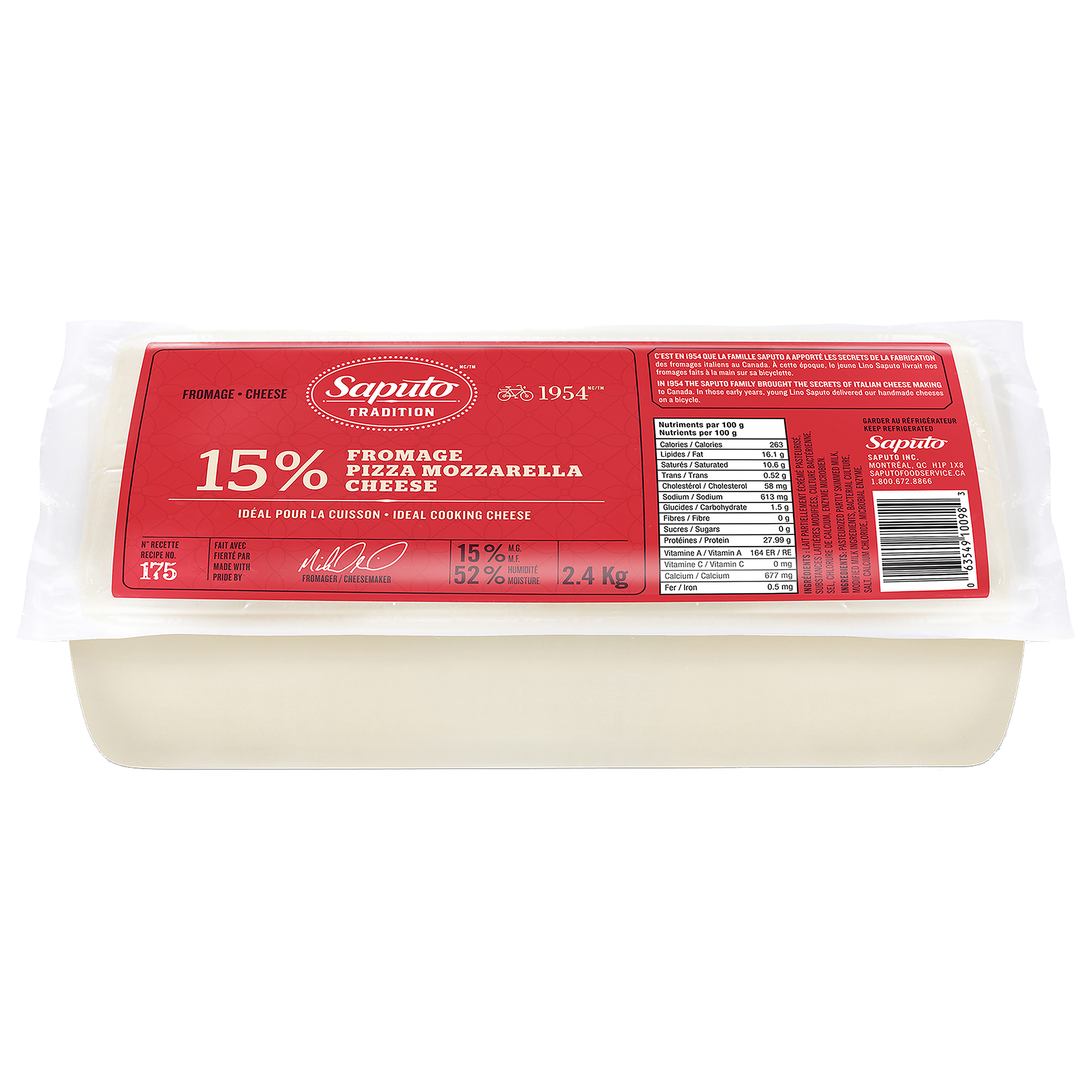 mozzarella  block 15% 10/2.4kg